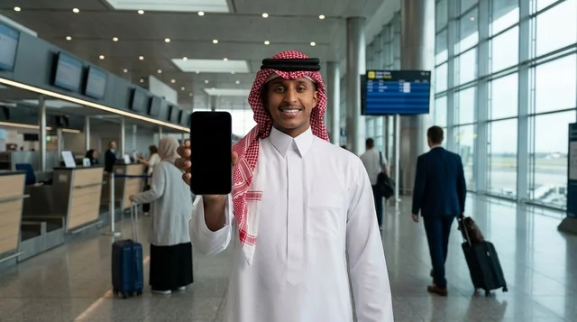 رجل سعودي يرتدي الثوب يحمل هاتف ذكي في صالة المطار