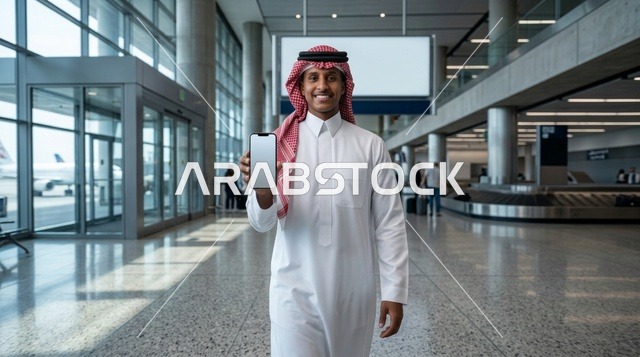 رجل سعودي يحمل هاتفاً ذكياً بشاشة فارغة في المطار