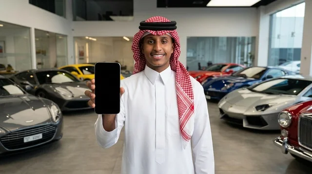 رجل سعودي يحمل هاتف ذكي بشاشة فارغة