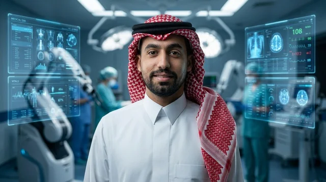 طبيب سعودي في غرفة عمليات روبوتية مستقبلية