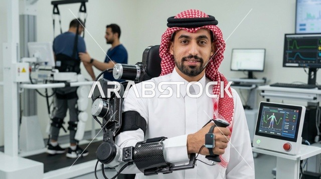 مواطن سعودي يستخدم ذراع روبوتية متطورة في مركز تأهيل طبي