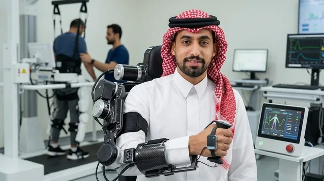 مواطن سعودي يستخدم ذراع روبوتية متطورة في مركز تأهيل طبي