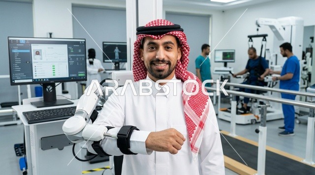 Saudi Man with Robotic Exoskeleton in Rehab Clinic