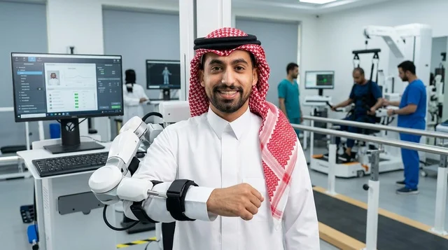 Saudi Man with Robotic Exoskeleton in Rehab Clinic