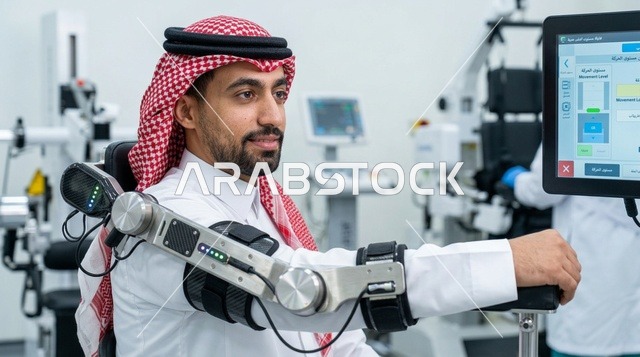 رجل سعودي يستخدم ذراع آلي لإعادة التأهيل الطبي