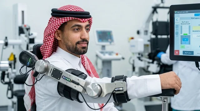 رجل سعودي يستخدم ذراع آلي لإعادة التأهيل الطبي
