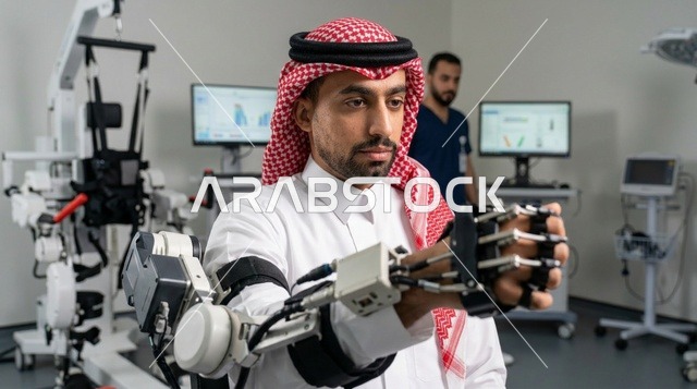 رجل سعودي يختبر ذراع آلية في عيادة تأهيل