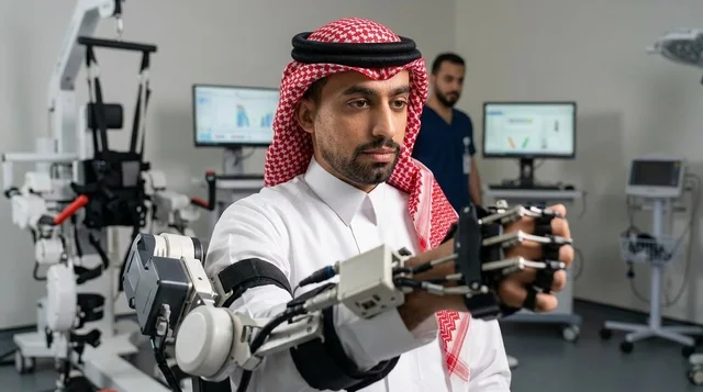 رجل سعودي يختبر ذراع آلية في عيادة تأهيل