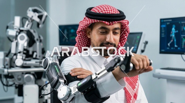 رجل سعودي يختبر ذراع هيكل خارجي روبوتي في مختبر تقني