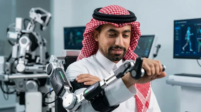 رجل سعودي يختبر ذراع هيكل خارجي روبوتي في مختبر تقني