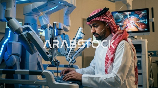 طبيب سعودي يتحكم في جهاز الجراحة الروبوتية بالمستشفى