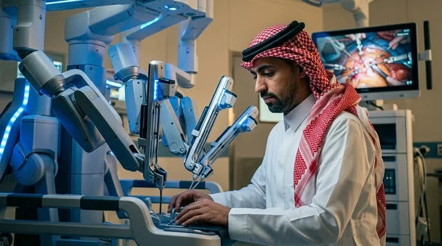 طبيب سعودي يتحكم في جهاز الجراحة الروبوتية بالمستشفى