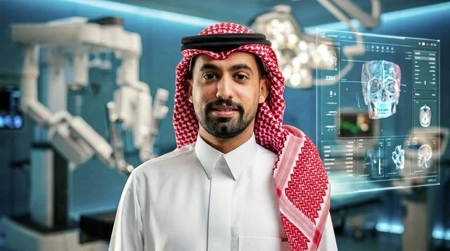 طبيب سعودي في غرفة عمليات طبية مستقبلية مع هولوغرام