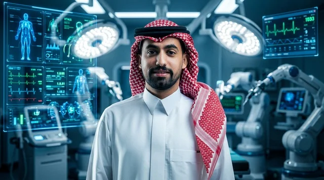 طبيب سعودي في غرفة عمليات روبوتية مستقبلية