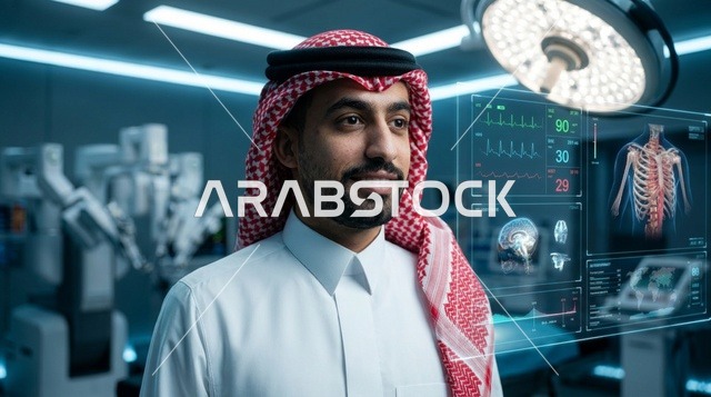 طبيب سعودي في غرفة عمليات ذكية مع شاشات تقنية