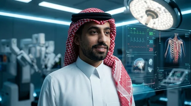 طبيب سعودي في غرفة عمليات ذكية مع شاشات تقنية