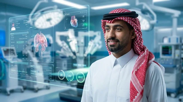 طبيب سعودي مع شاشة هولوجرام ذكية داخل غرفة العمليات