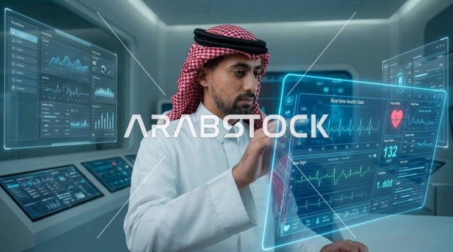 رجل عربي يستخدم شاشة طبية هولوغرافية تفاعلية ومستقبلية