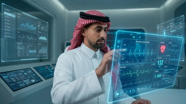 رجل عربي يستخدم شاشة طبية هولوغرافية تفاعلية ومستقبلية