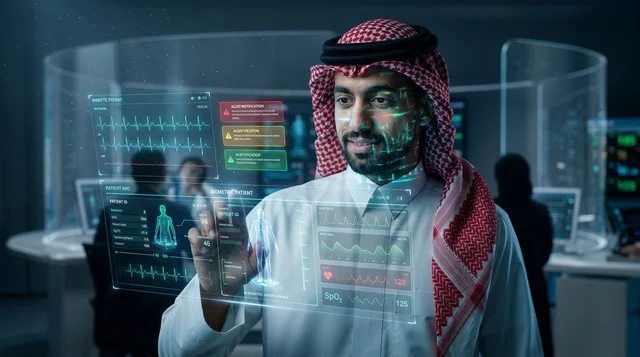 طبيب سعودي يتفاعل مع شاشة هولوغرام طبية مستقبلية ذكية