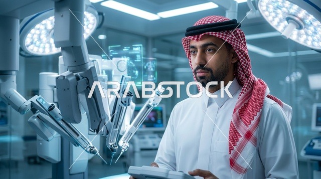 طبيب جراح عربي يشغل نظام الجراحة الروبوتية في مستشفى