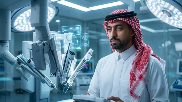 طبيب جراح عربي يشغل نظام الجراحة الروبوتية في مستشفى