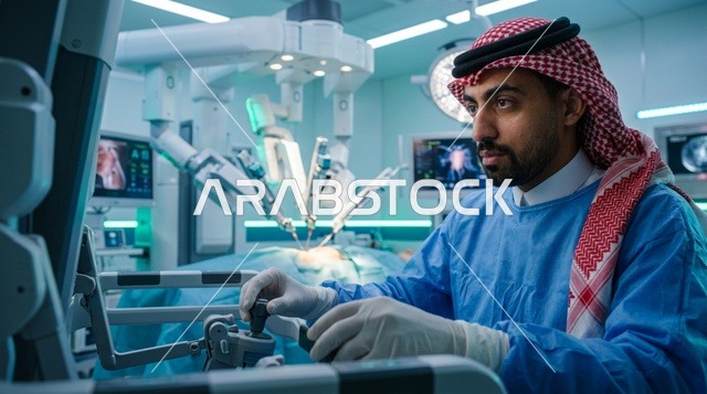 طبيب جراح سعودي يشغل جهاز الجراحة الروبوتية بالمستشفى