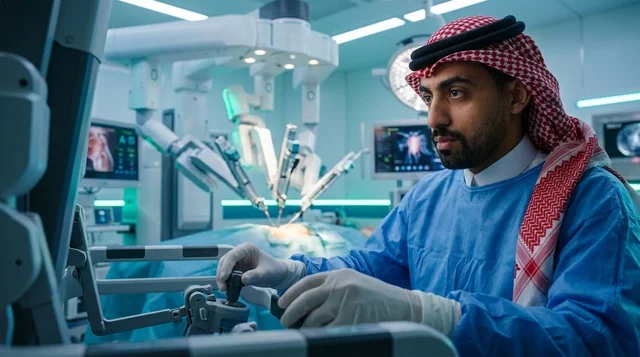 طبيب جراح سعودي يشغل جهاز الجراحة الروبوتية بالمستشفى