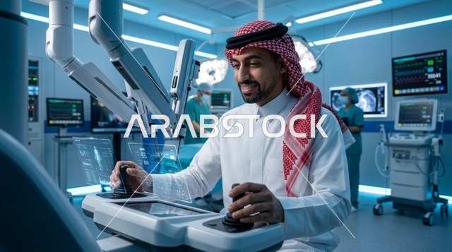 طبيب سعودي يجري جراحة روبوتية متطورة في المستشفى
