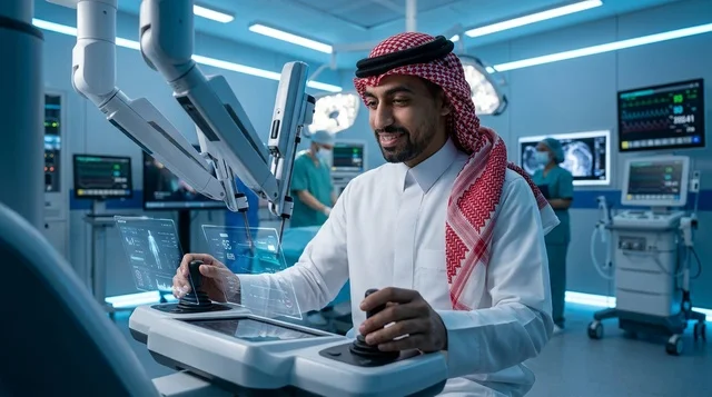 طبيب سعودي يجري جراحة روبوتية متطورة في المستشفى