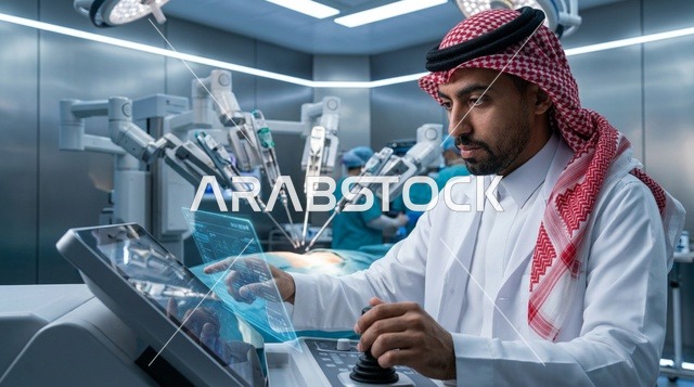طبيب جراح سعودي يشغل جهاز الجراحة الروبوتية بالمستشفى