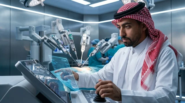طبيب جراح سعودي يشغل جهاز الجراحة الروبوتية بالمستشفى