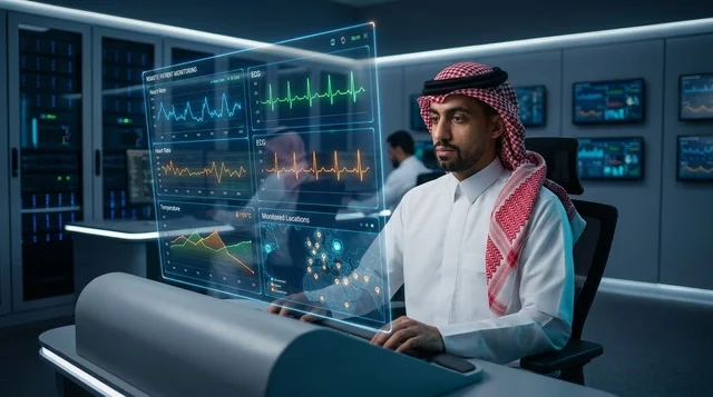 رجل سعودي يراقب البيانات الطبية في غرفة تحكم ذكية