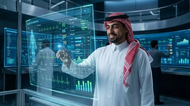 Saudi Doctor Interacting with Futuristic Medical Screen
