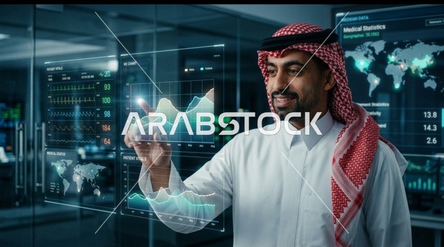 رجل سعودي يتفاعل مع شاشة هولوغرام للبيانات الطبية