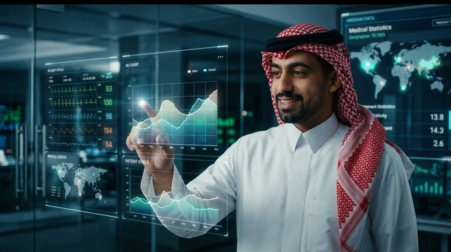 Saudi Man Interacting with Holographic Medical Data Screen