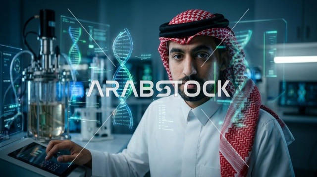 عالم سعودي يعمل في مختبر أبحاث تقني متطور ثلاثي الأبعاد