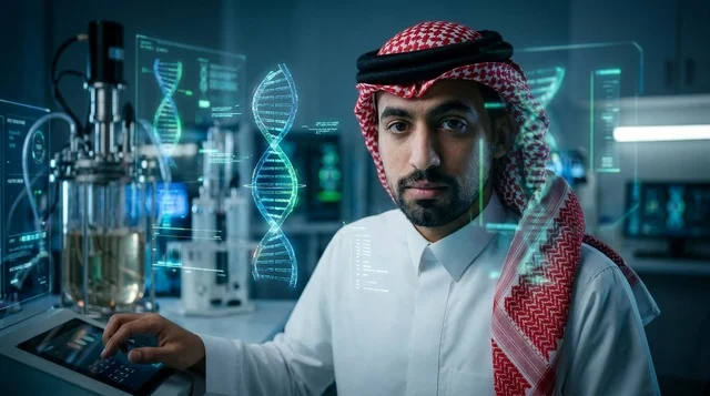 عالم سعودي يعمل في مختبر أبحاث تقني متطور ثلاثي الأبعاد