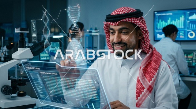 عالم سعودي يحلل هولوغرام الحمض النووي في مختبر جينات
