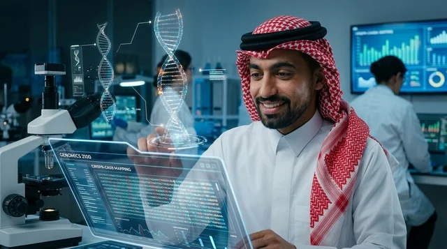 عالم سعودي يحلل هولوغرام الحمض النووي في مختبر جينات