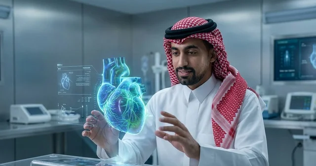 طبيب سعودي يفحص مجسم هولوغرام ثلاثي الأبعاد لقلب بشري