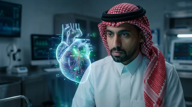 طبيب سعودي يفحص مجسم هولوغرام لقلب بشري في مختبر
