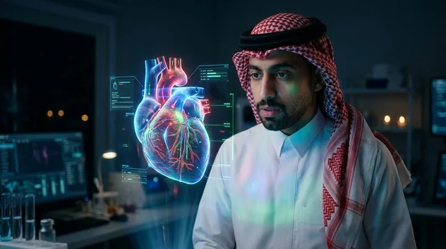 طبيب سعودي يفحص مجسم هولوغرام لقلب بشري في مختبر