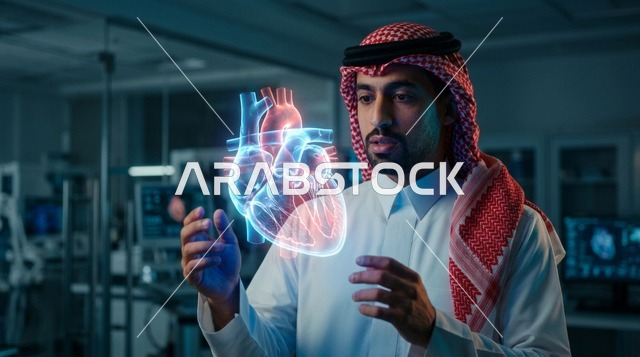 عالم عربي يتفاعل مع مجسم هولوغرام لقلب بشري
