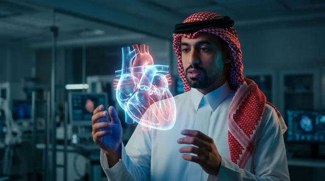 عالم عربي يتفاعل مع مجسم هولوغرام لقلب بشري