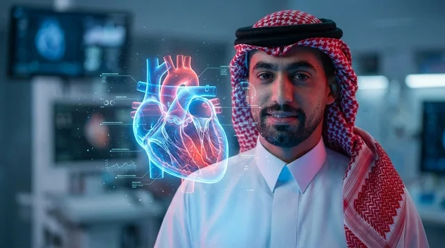 طبيب سعودي مع هولوغرام للقلب البشري في مختبر حديث