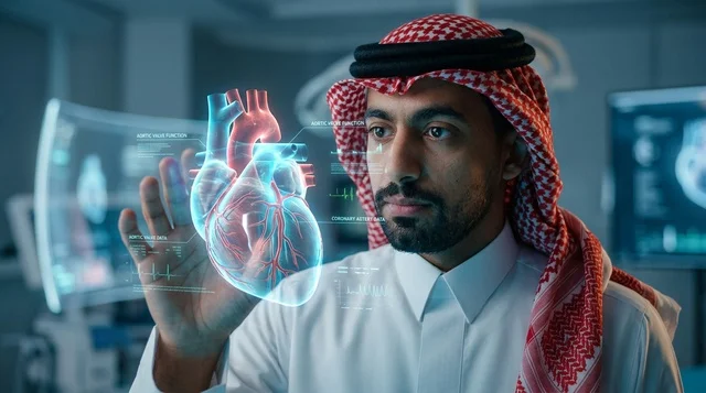 طبيب عربي يفحص مجسم هولوغرام لقلب بشري في مختبر