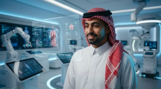 رجل سعودي في مستشفى مستقبلي متطور مع شاشة هولوغرام طبية
