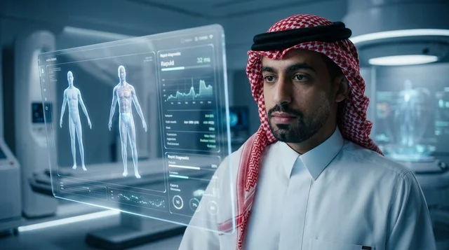 Arab Doctor Analyzing Futuristic Hologram Screen in Clinic