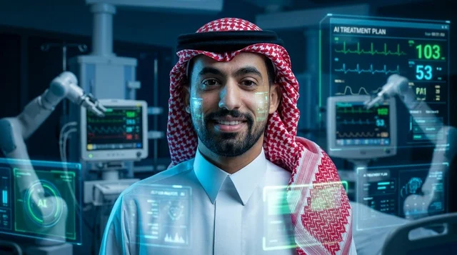 رجل سعودي في مختبر طبي مستقبلي مع شاشات هولوغرام ذكية